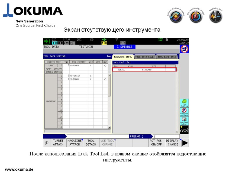 www.okuma.de New Generation One Source. First Choice. Экран отсутствующего инструмента После использования Lack Tool